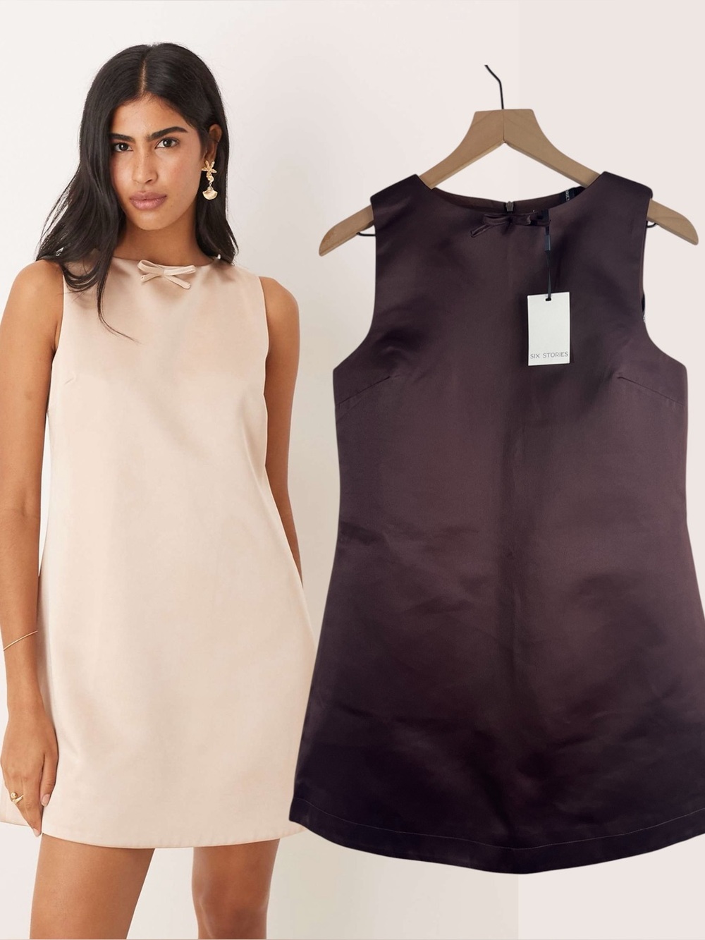 Six Stories Brown Mini Mod Dress Satin Bow size 6 NWT